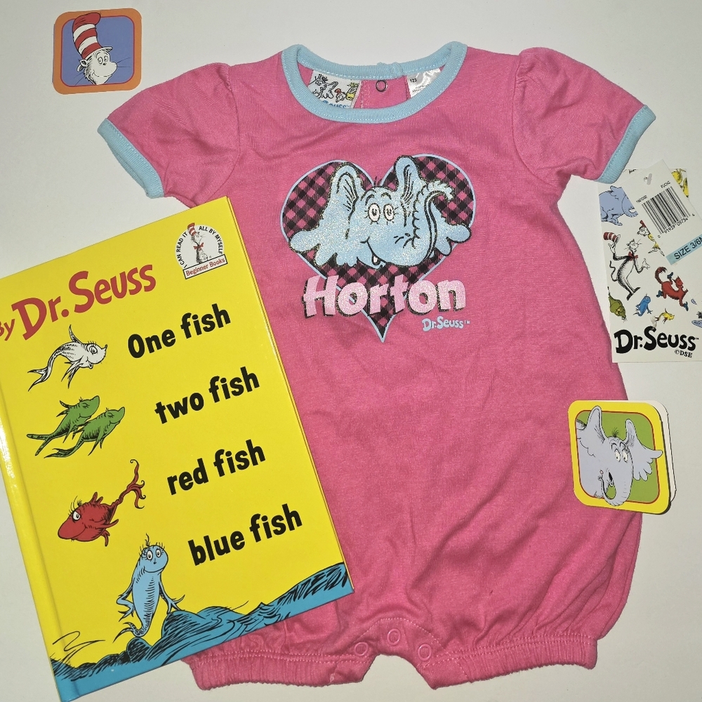 Dr. Seuss Horton Baby Girl Romper and One Fish Two Fish Book Gift Bundle